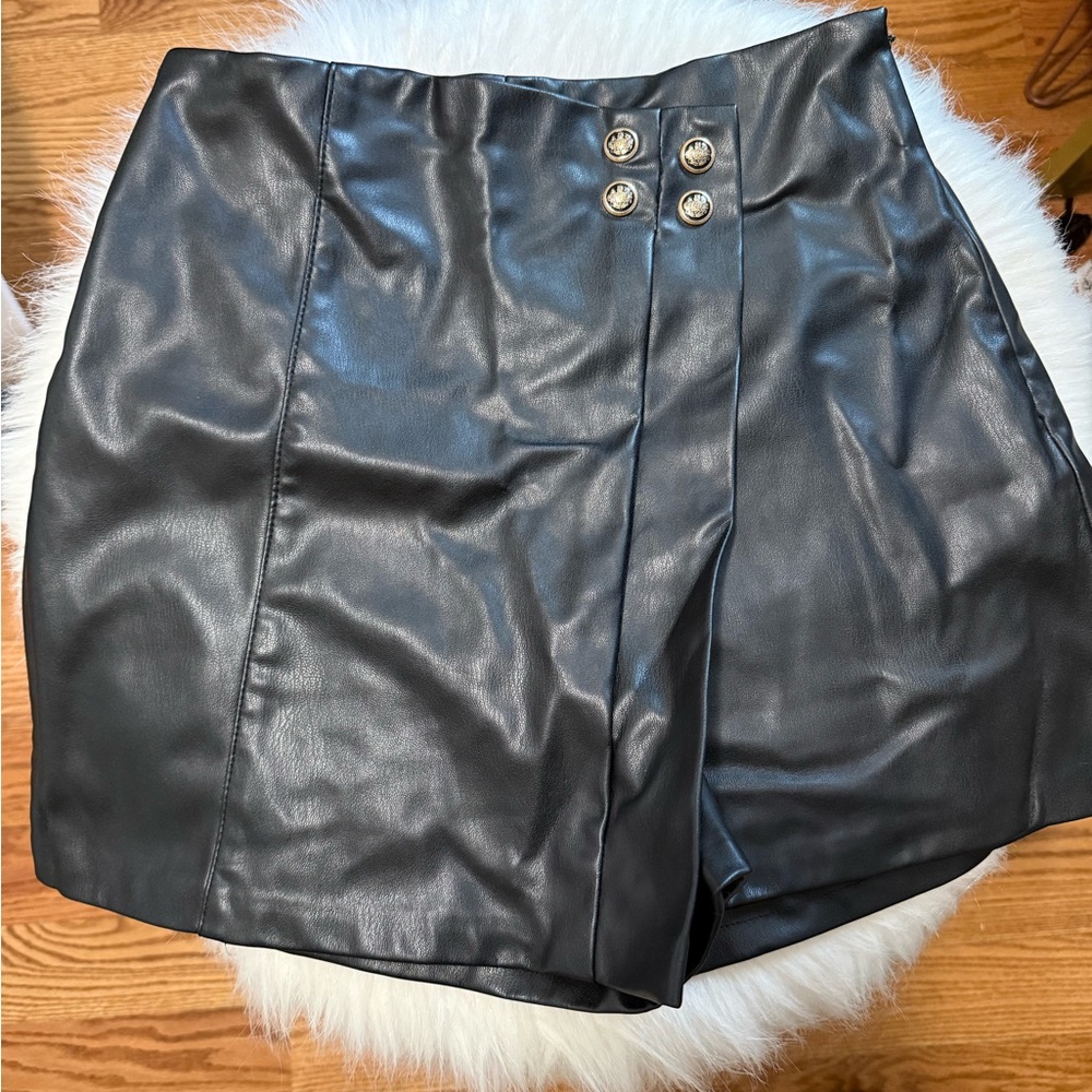 Zara Black Faux Leather Mini Skort with Gold Button Detail